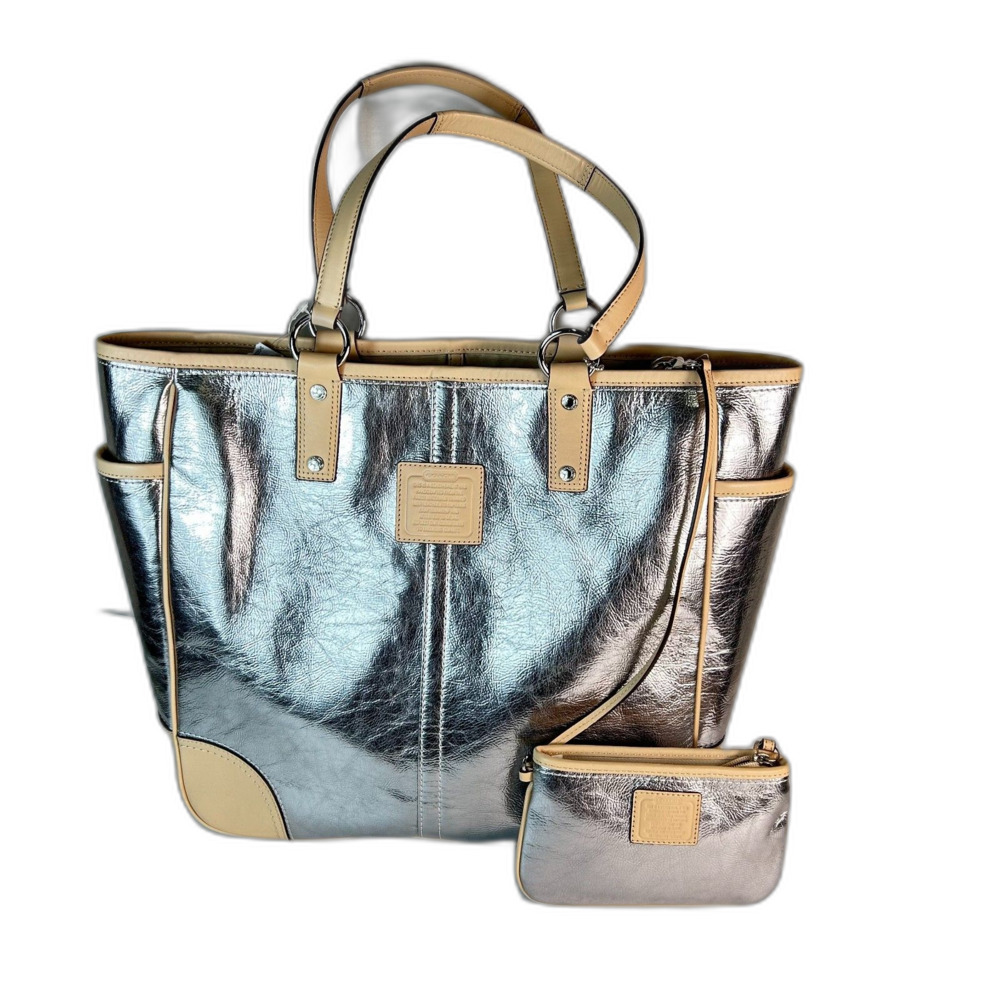 Coach NWT Metro #26141E Silver Metallic Tan Leather Tote with Wristlet Pouch